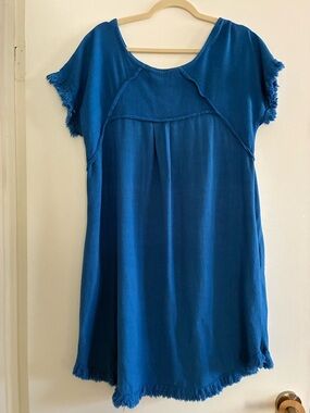 Umgee Teal-Blue Short Sleeve Fringe Boho Dress